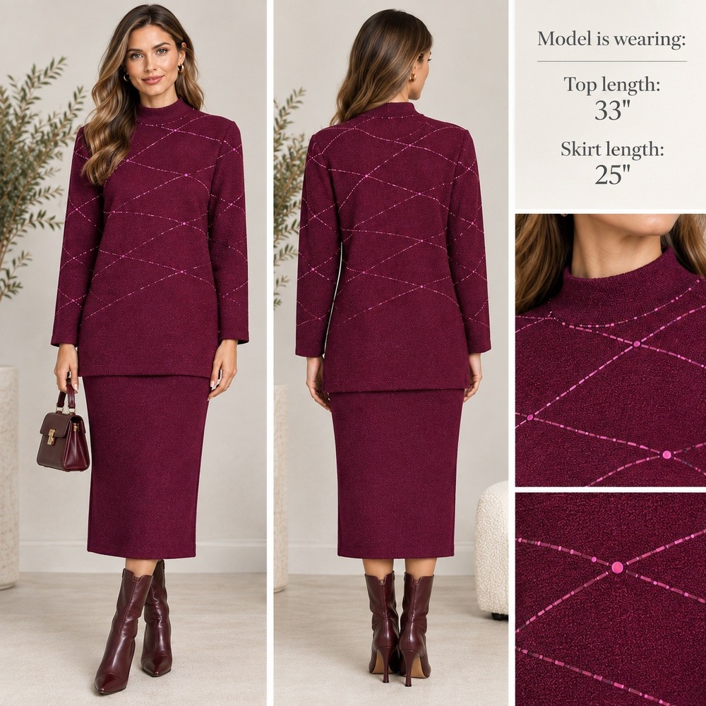 St John Evening Marie Gray Burgundy Knit Sequin Tunic Top 14 & Skirt 12 Set VTG